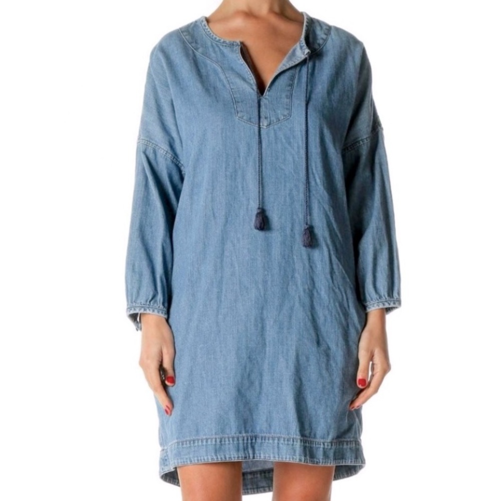 LOFT Denim Artiste Shift Dress Mini Tunic Blue Chambray Pockets Cotton S
